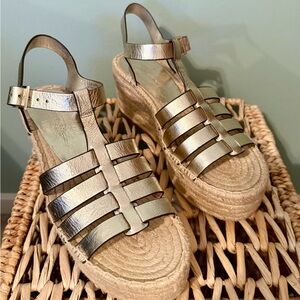 Tory Burch Fisherman Gold Espadrille Wedge Sandals